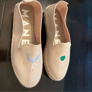 Manebi flat espadrilles, taupe suede double sole with embroidery. Pre-owned